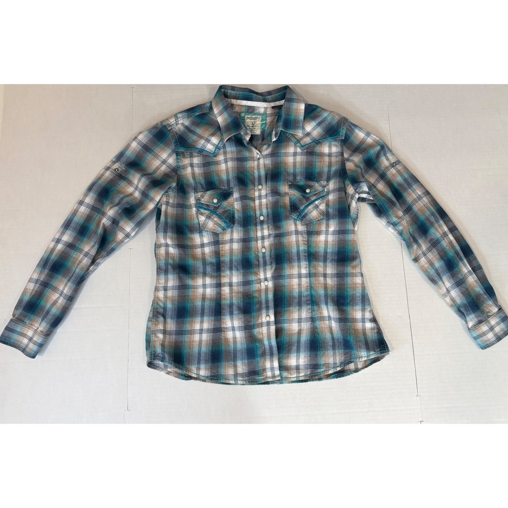 Panhandle Rough Stock Western Plaid Snap Shirt Large Turquoise